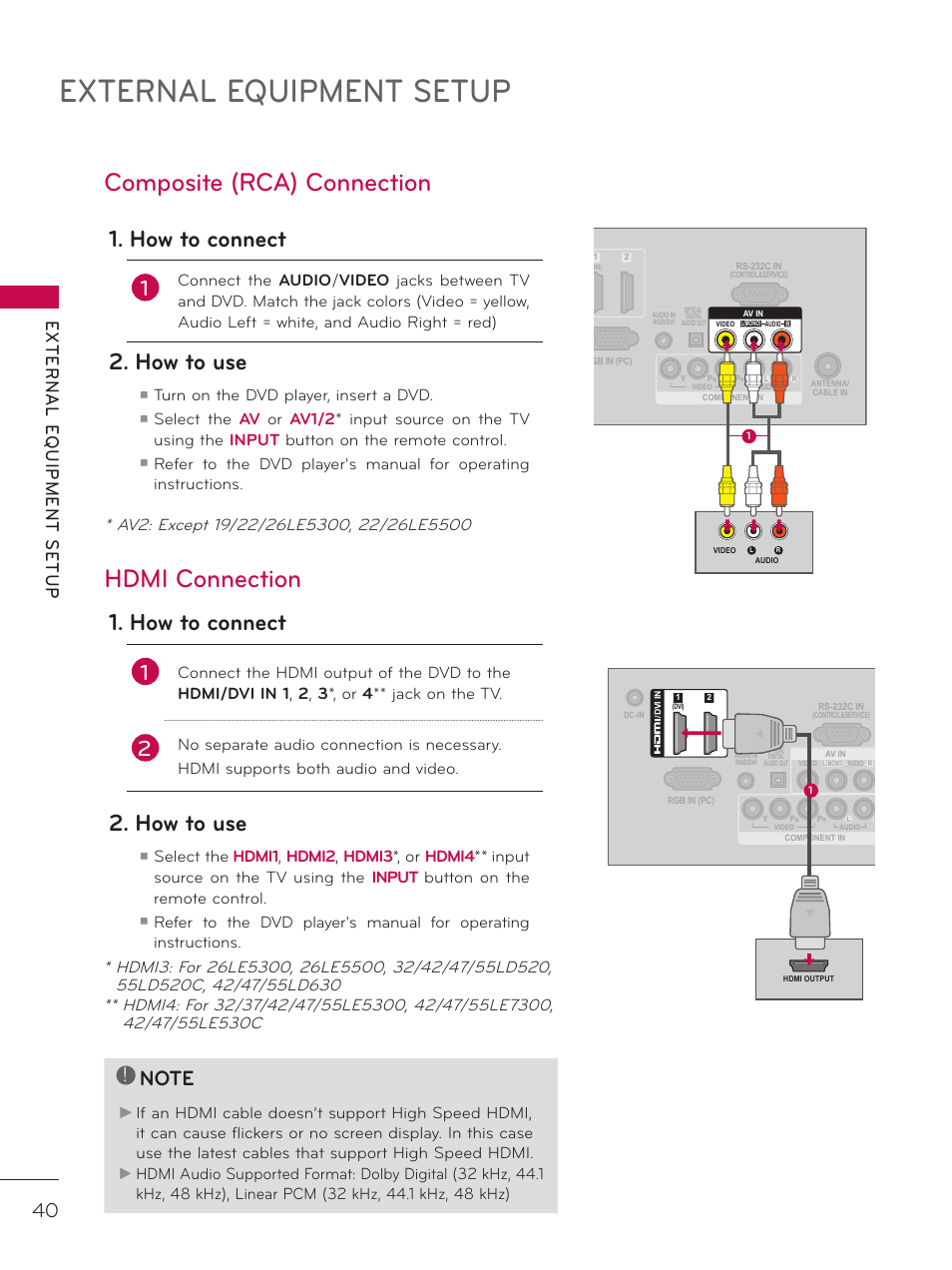 External equipment setup, Composite (rca) connection, Hdmi connection | How to connect, How to use, Turn on the dvd player, insert a dvd | LG 37LD452C User Manual | Page 40 / 172