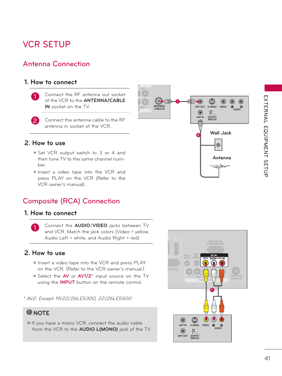 Vcr setup, Antenna connection, Composite (rca) connection | How to connect, How to use, Wall jack antenna | LG 37LD452C User Manual | Page 41 / 172
