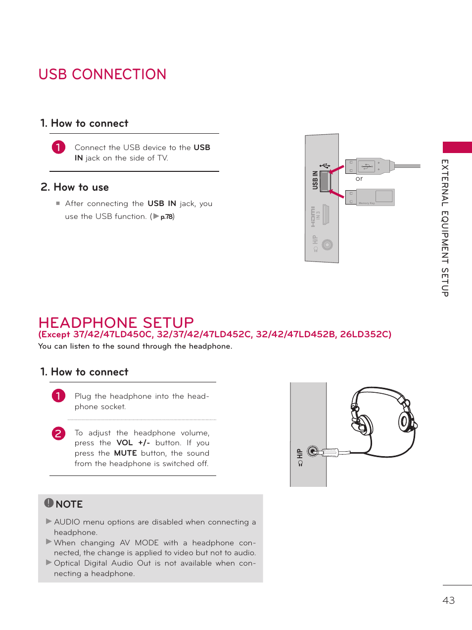 Usb connection, Headphone setup, How to connect | How to use | LG 37LD452C User Manual | Page 43 / 172