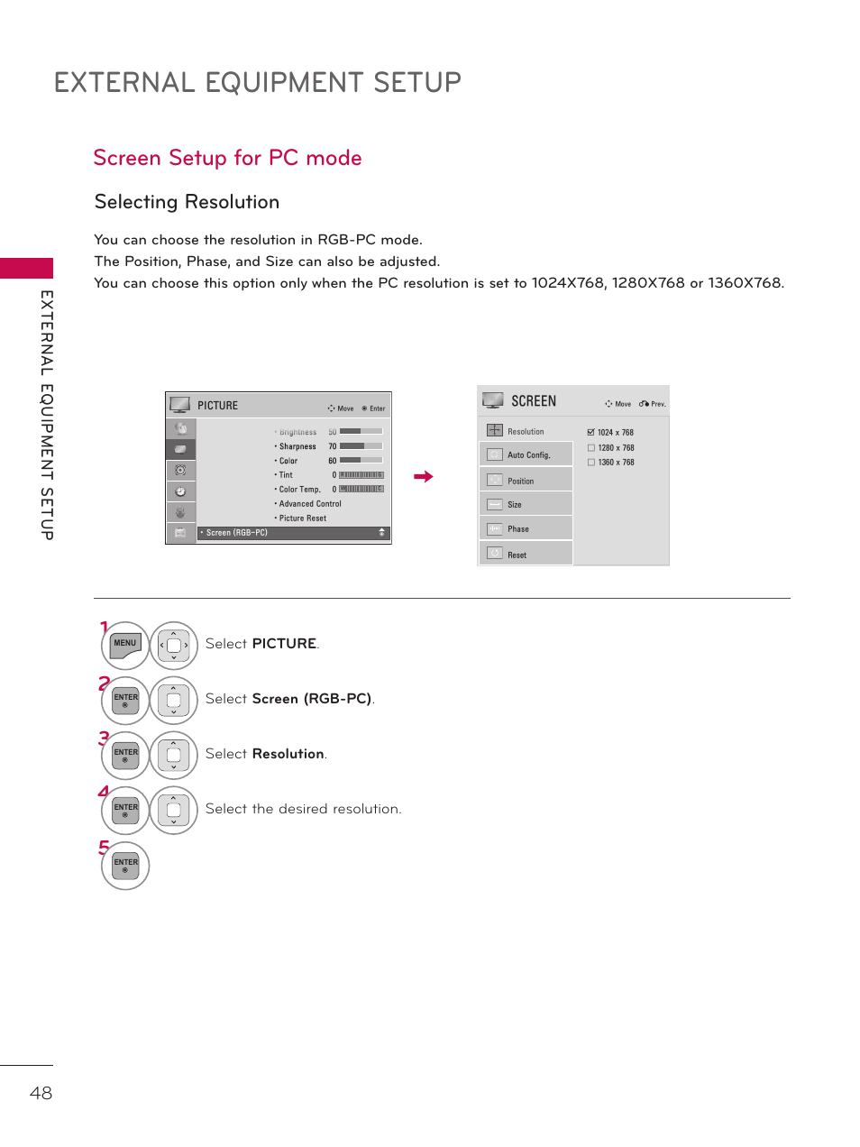 External equipment setup, Screen setup for pc mode, Selecting resolution 1 | LG 37LD452C User Manual | Page 48 / 172