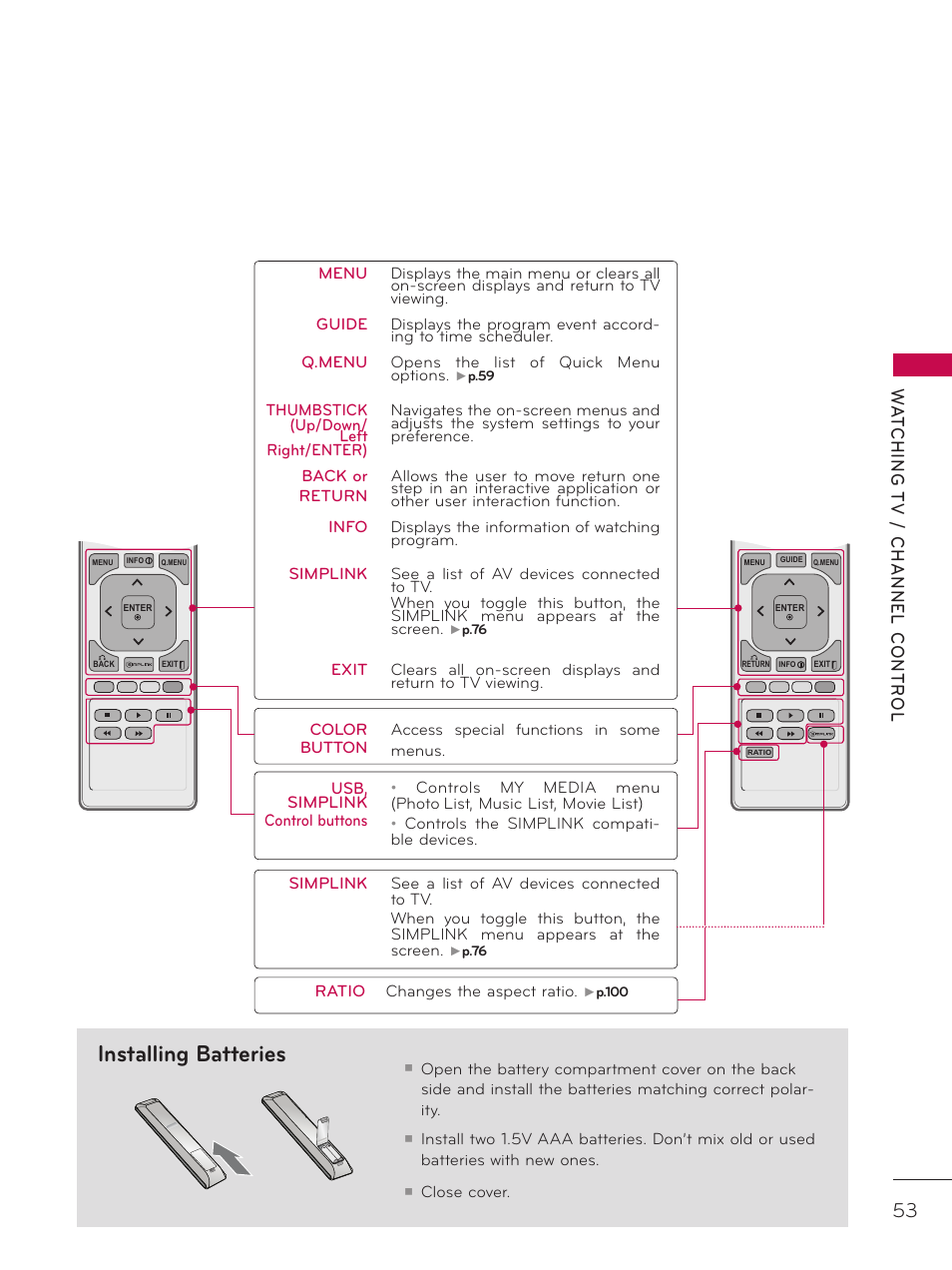 Installing batteries | LG 37LD452C User Manual | Page 53 / 172