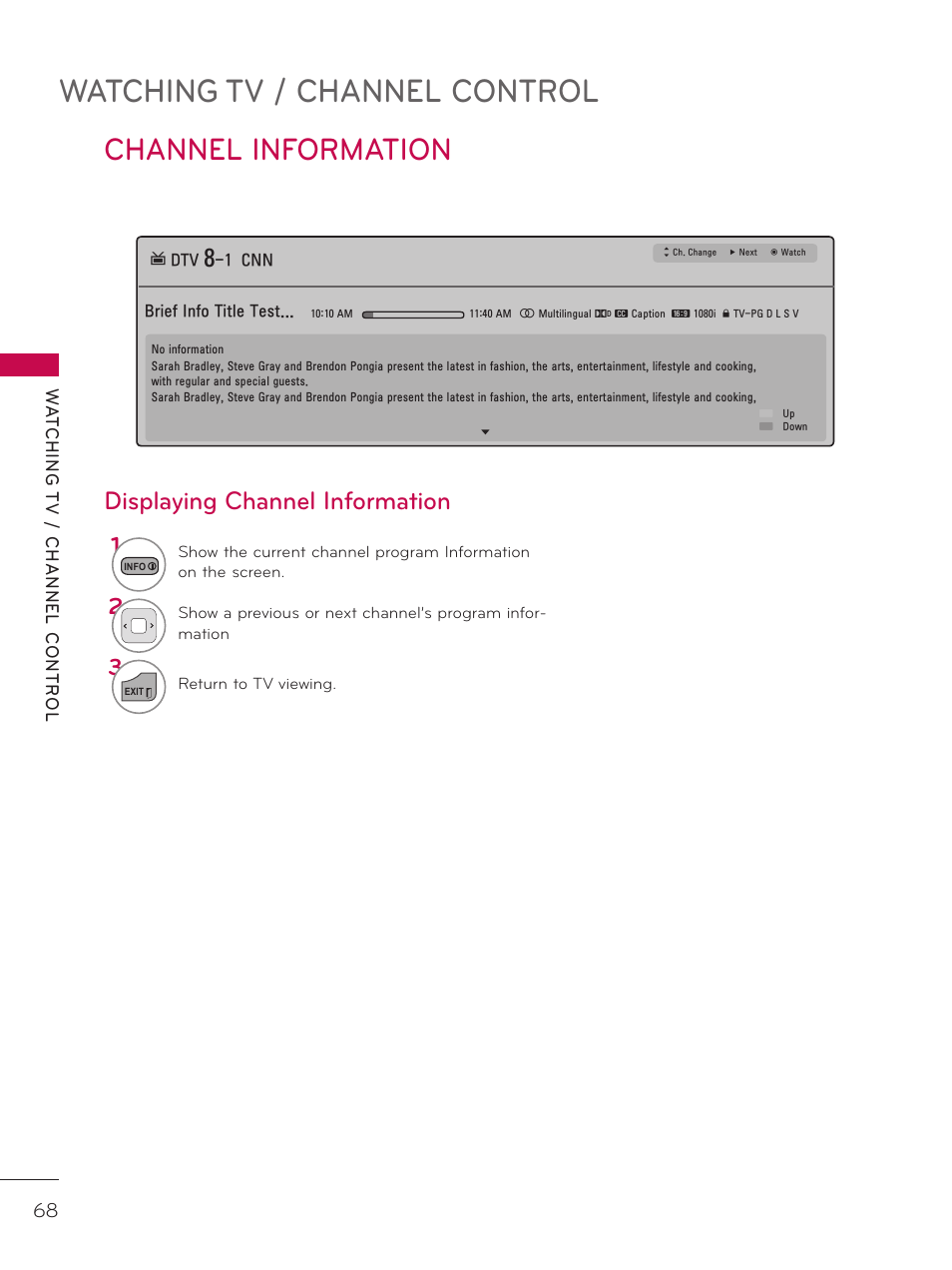 Channel information, Watching tv / channel control, Displaying channel information | LG 37LD452C User Manual | Page 68 / 172