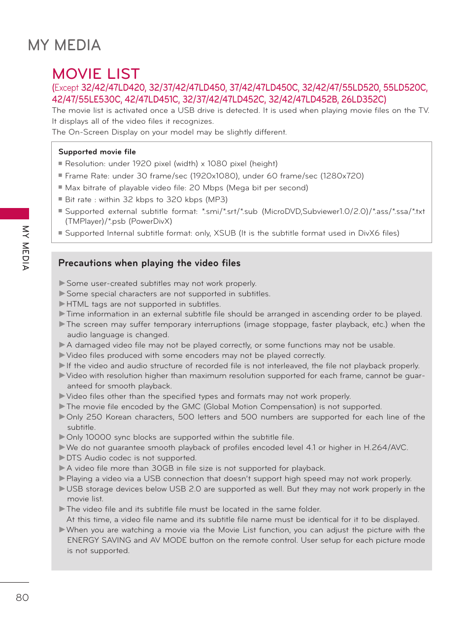 Movie list, My media, Precautions when playing the video files | LG 37LD452C User Manual | Page 80 / 172