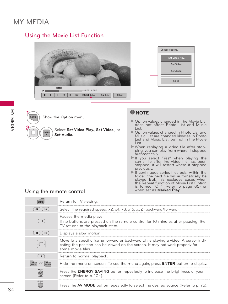 My media, Using the movie list function, Using the remote control | My m ed ia | LG 37LD452C User Manual | Page 84 / 172