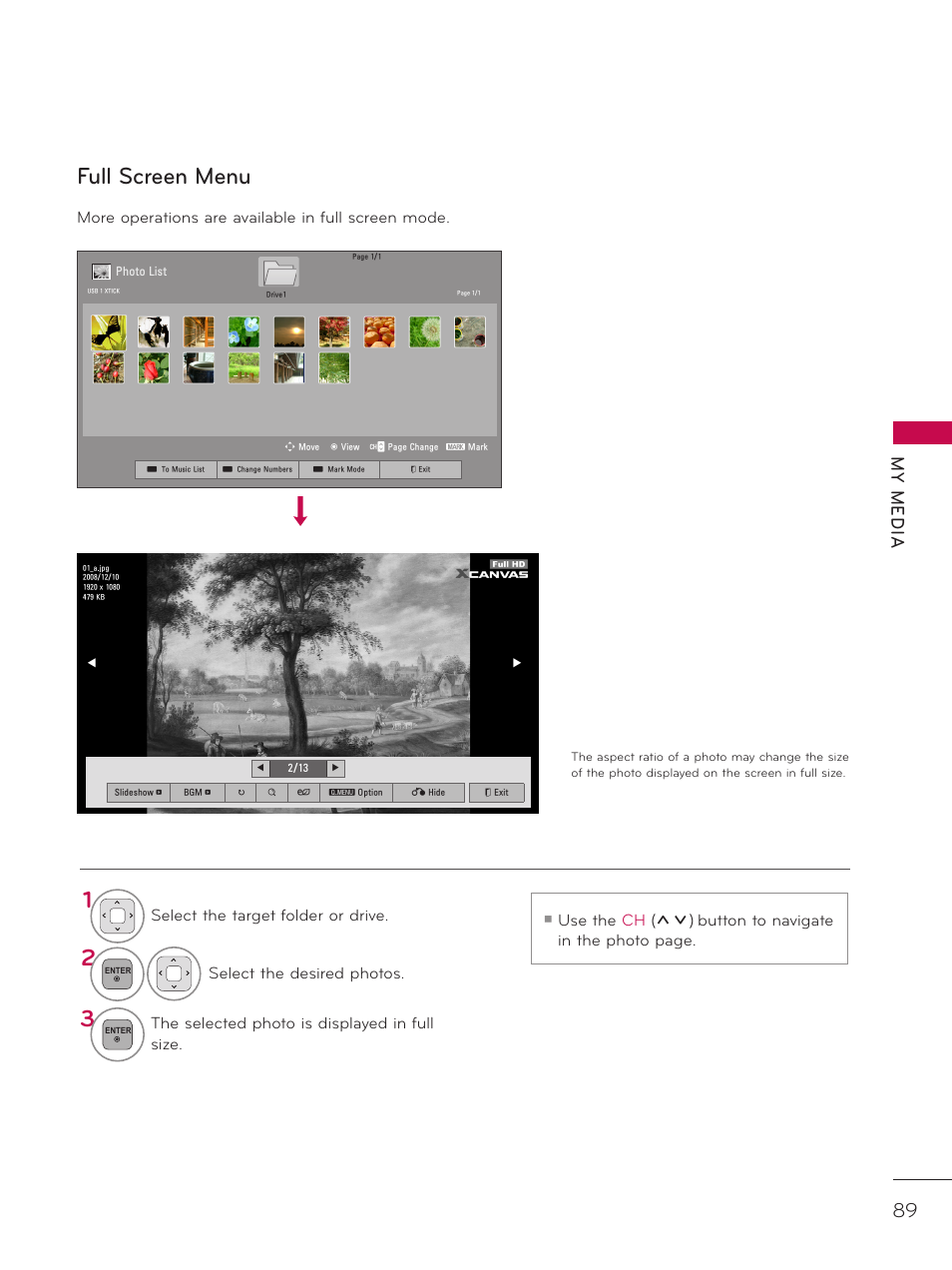 Full screen menu, My m ed ia | LG 37LD452C User Manual | Page 89 / 172