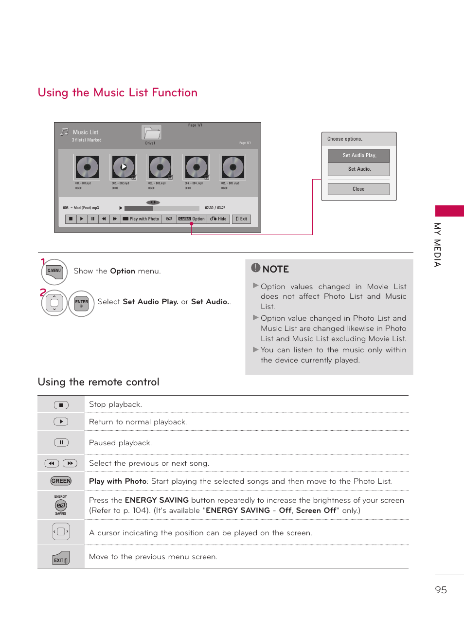 Using the music list function, Using the remote control 1, My m ed ia | LG 37LD452C User Manual | Page 95 / 172
