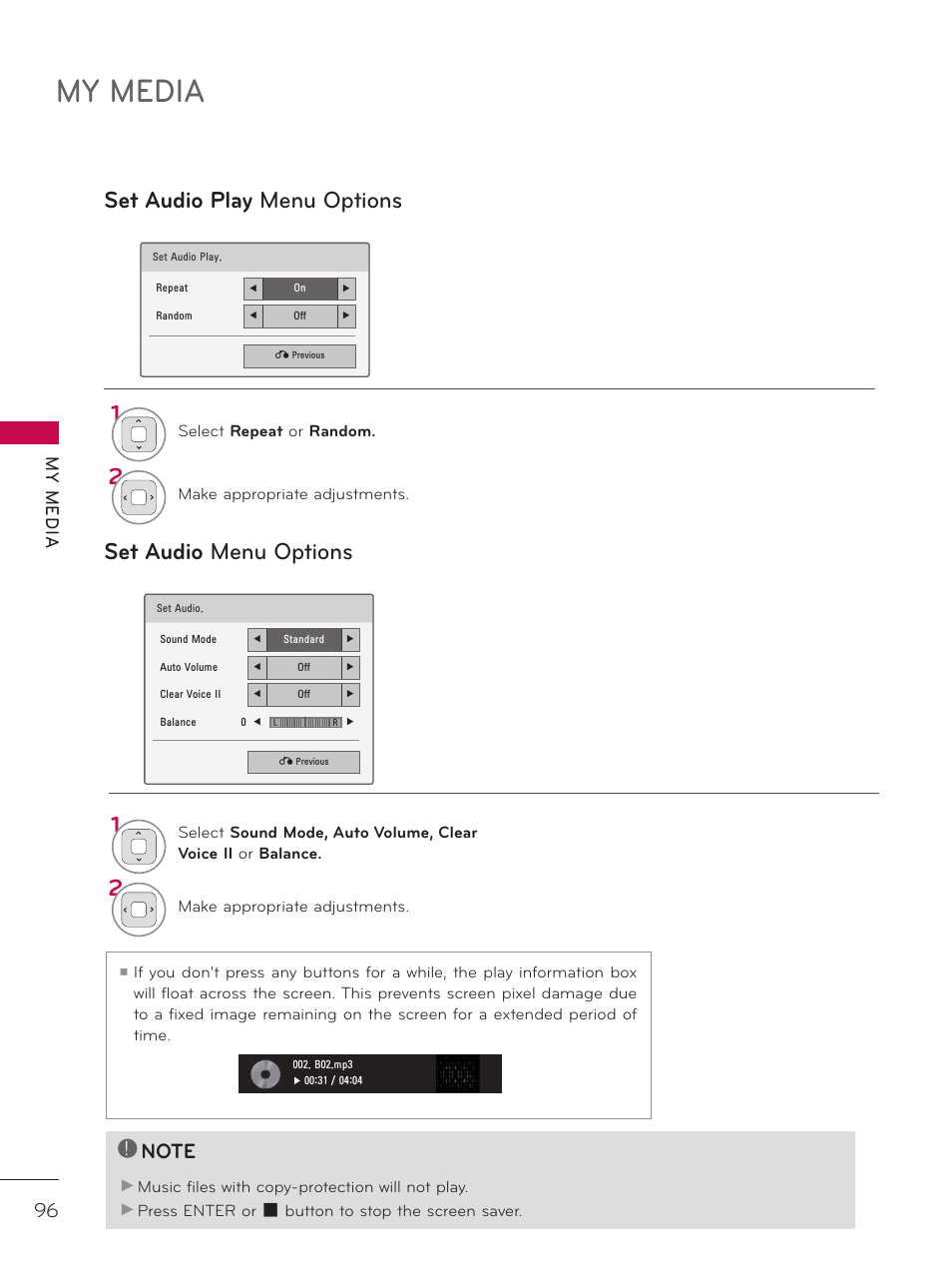 My media, Set audio play menu options set audio menu options, My m ed ia | LG 37LD452C User Manual | Page 96 / 172