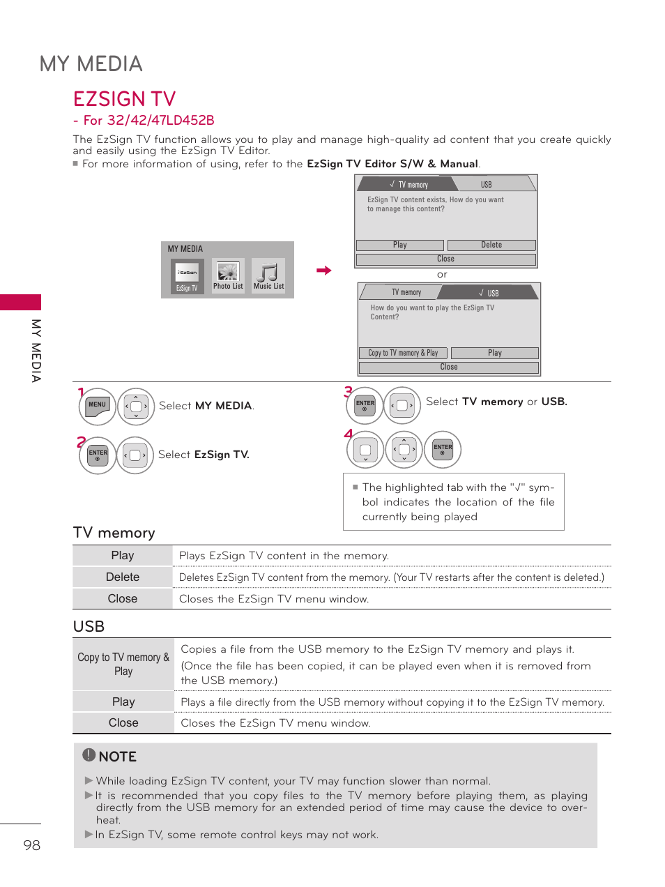 Ezsign tv, My media | LG 37LD452C User Manual | Page 98 / 172