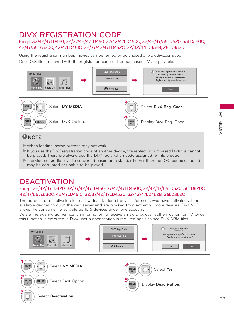 Divx registration code, Deactivation | LG 37LD452C User Manual | Page 99 / 172