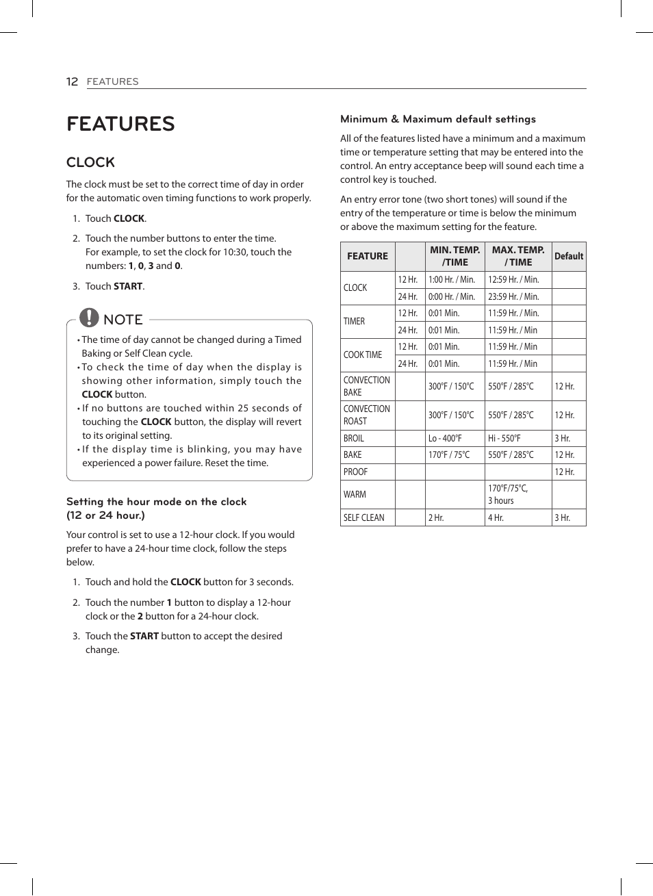 Features, Clock | LG LSE3092ST User Manual | Page 12 / 92