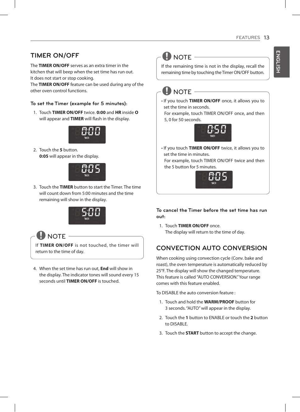 Timer on/off, Convection auto conversion | LG LSE3092ST User Manual | Page 13 / 92