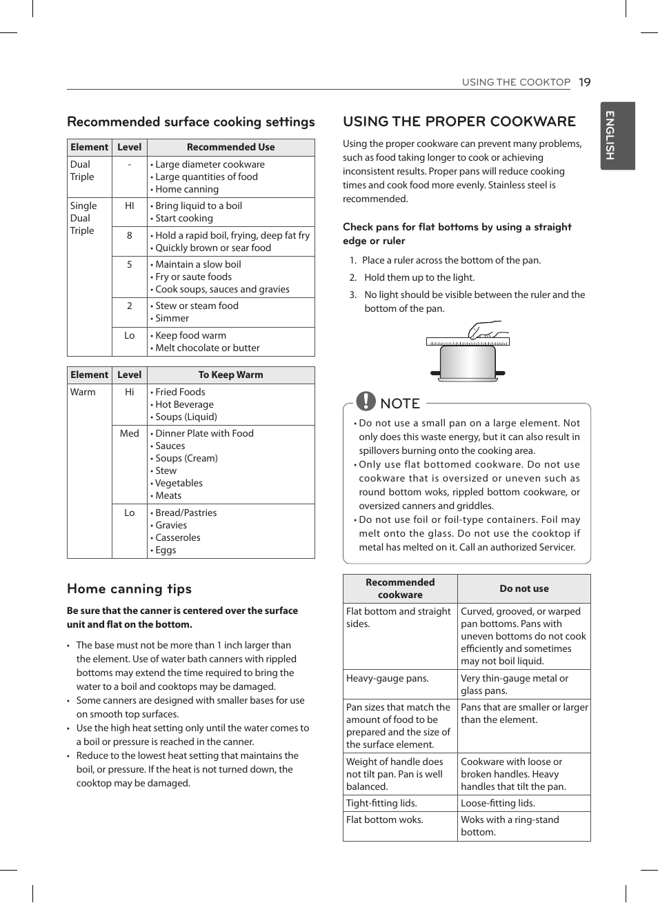 Recommended surface cooking settings, Home canning tips, Using the proper cookware | LG LSE3092ST User Manual | Page 19 / 92