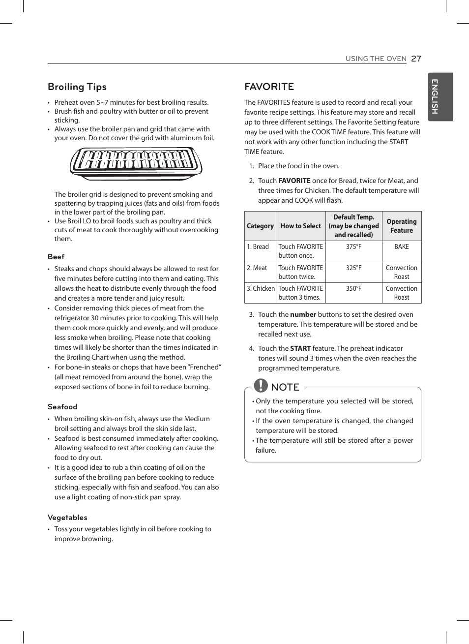 Broiling tips, Favorite | LG LSE3092ST User Manual | Page 27 / 92