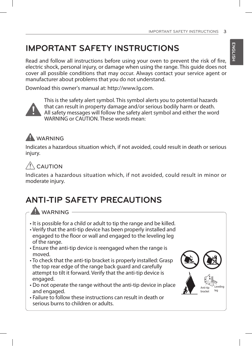 Important safety instructions, Anti-tip safety precautions | LG LSE3092ST User Manual | Page 3 / 92