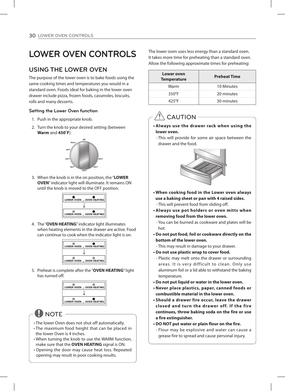 Lower oven controls, Using the lower oven, Caution | LG LSE3092ST User Manual | Page 30 / 92