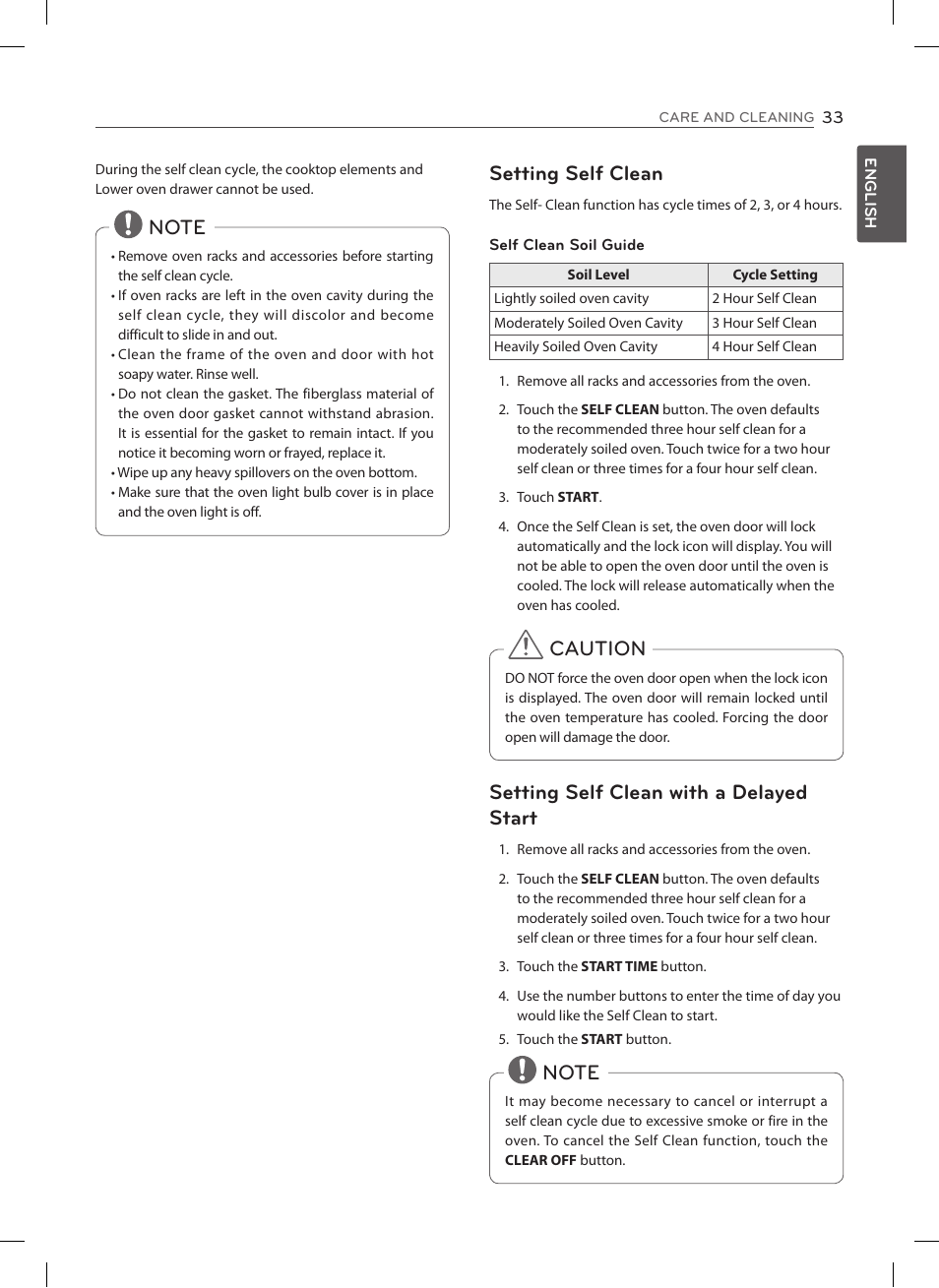 Caution setting self clean with a delayed start | LG LSE3092ST User Manual | Page 33 / 92