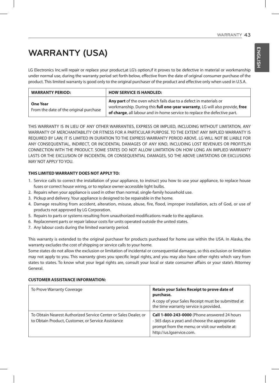 Warranty (usa) | LG LSE3092ST User Manual | Page 43 / 92