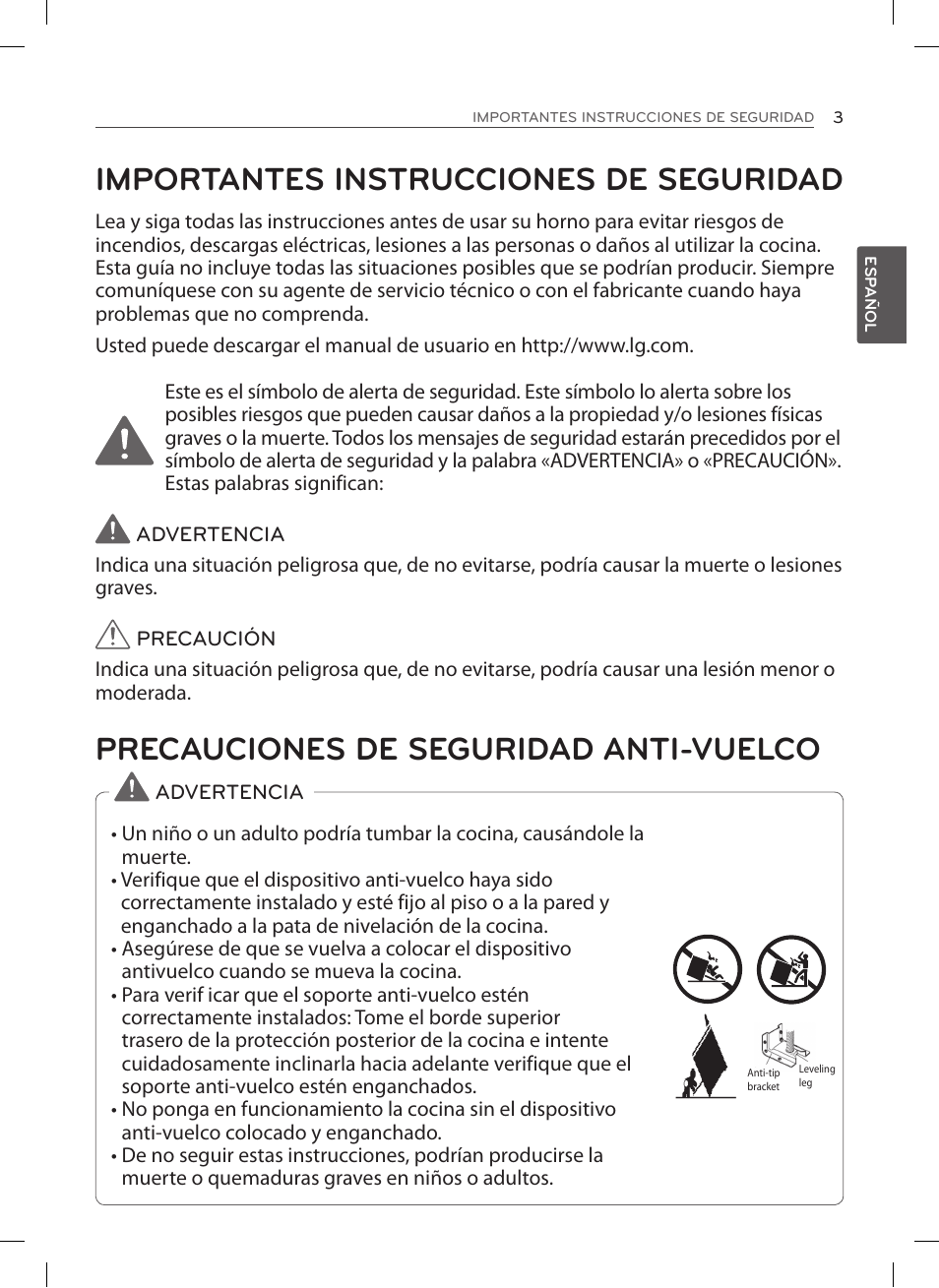 Importantes instrucciones de seguridad, Precauciones de seguridad anti-vuelco | LG LSE3092ST User Manual | Page 47 / 92