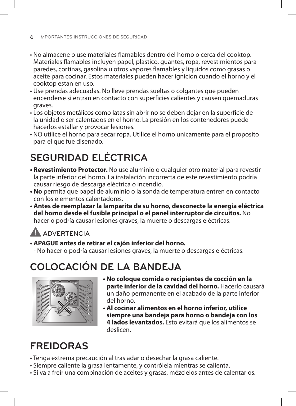 Seguridad eléctrica, Colocación de la bandeja, Freidoras | LG LSE3092ST User Manual | Page 50 / 92