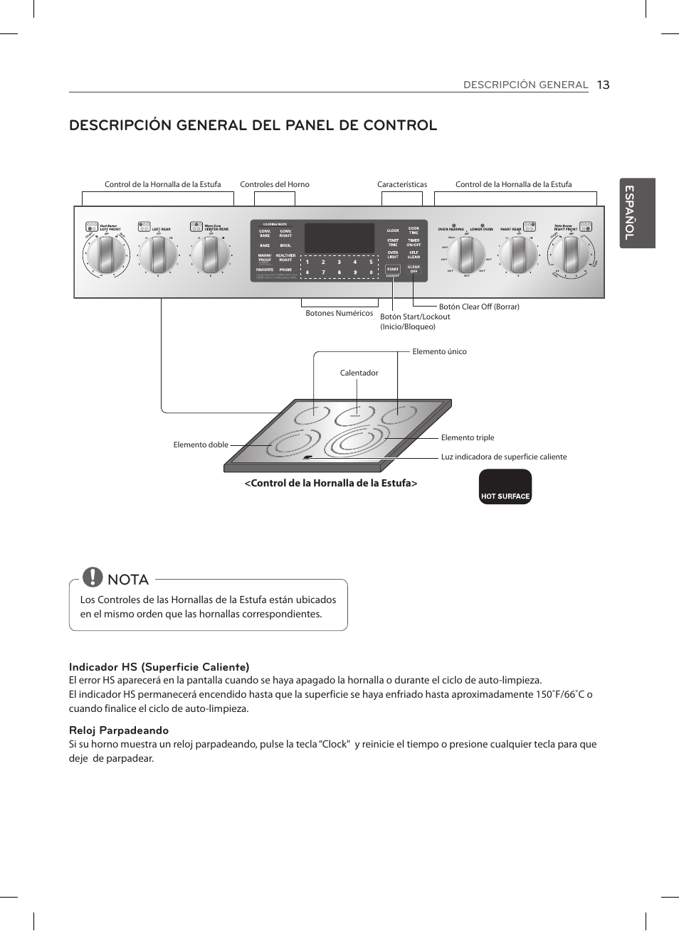 Descripción general del panel de control, Nota, Esp añol | Indicador hs (superficie caliente), Reloj parpadeando, Descripción general, Control de la hornalla de la estufa | LG LSE3092ST User Manual | Page 57 / 92