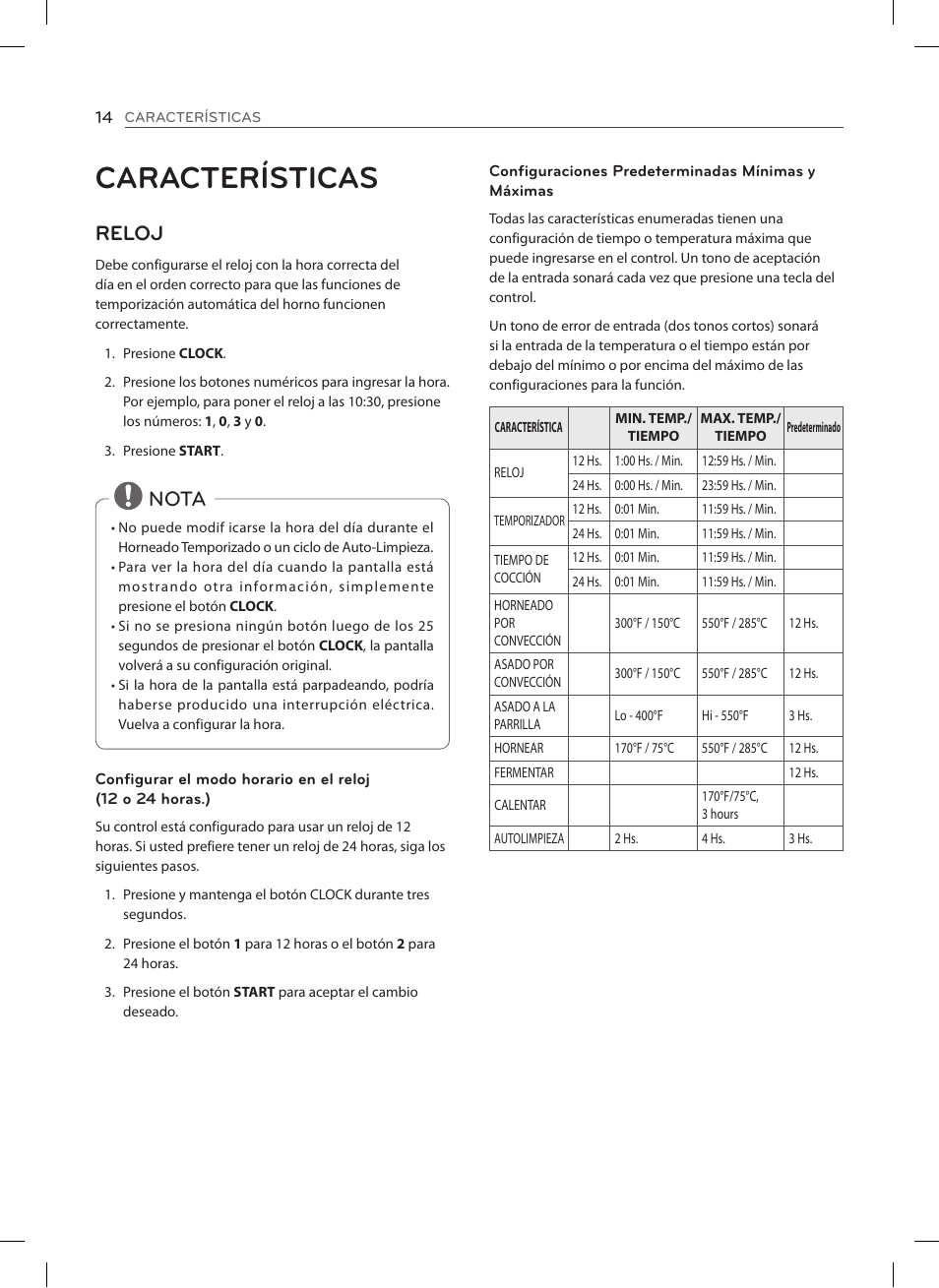 Características, Reloj, Nota | LG LSE3092ST User Manual | Page 58 / 92