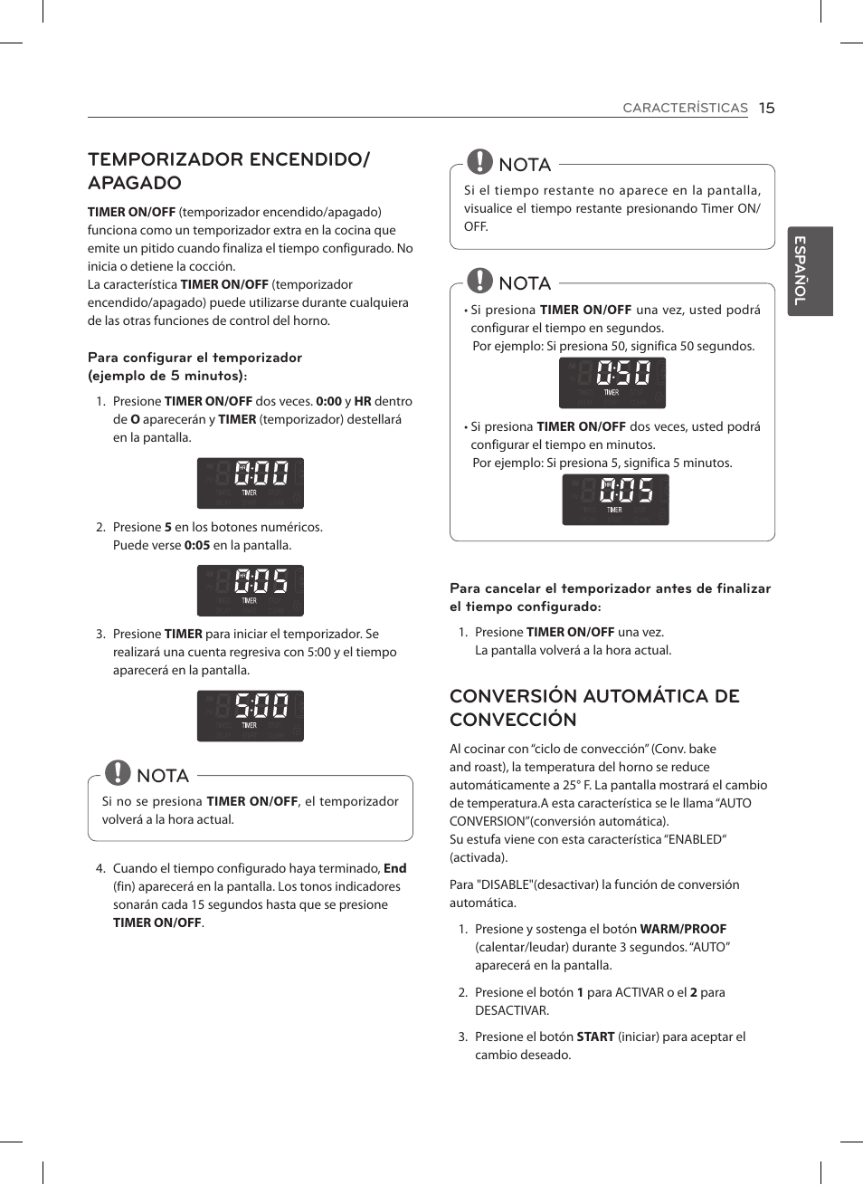 Temporizador encendido/ apagado, Nota, Conversión automática de convección | LG LSE3092ST User Manual | Page 59 / 92