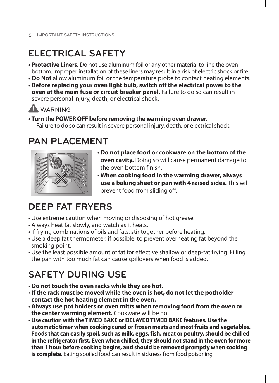 Electrical safety, Pan placement, Deep fat fryers | Safety during use | LG LSE3092ST User Manual | Page 6 / 92
