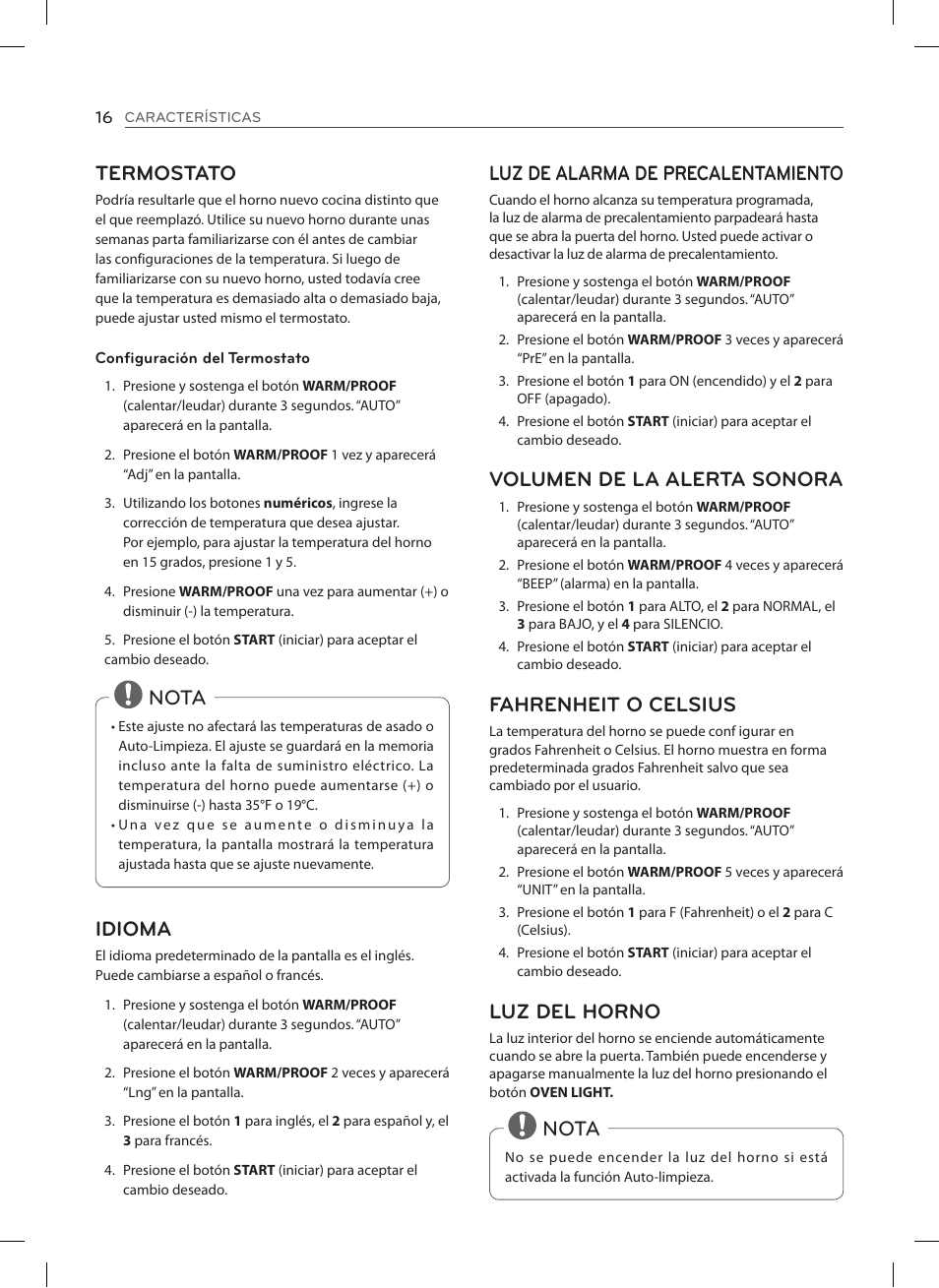 Termostato, Nota idioma, Luz de alarma de precalentamiento | Volumen de la alerta sonora, Fahrenheit o celsius, Luz del horno, Nota | LG LSE3092ST User Manual | Page 60 / 92