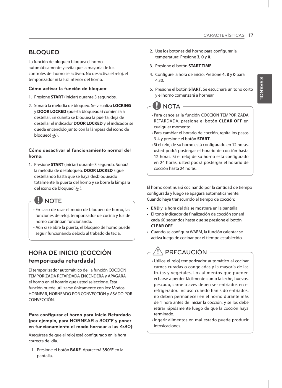 Bloqueo, Nota, Precaución | LG LSE3092ST User Manual | Page 61 / 92
