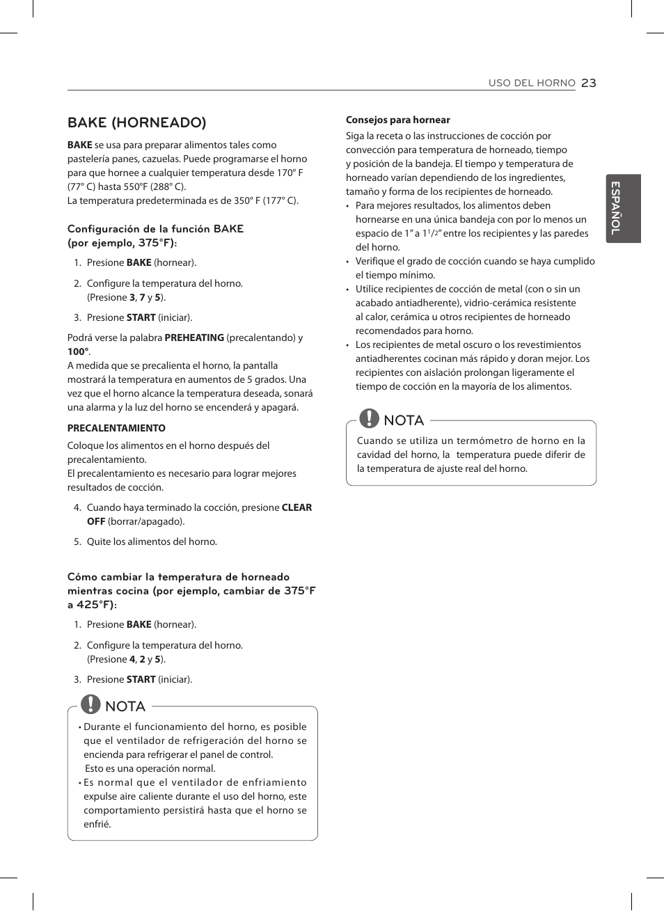 Bake (horneado), Nota | LG LSE3092ST User Manual | Page 67 / 92