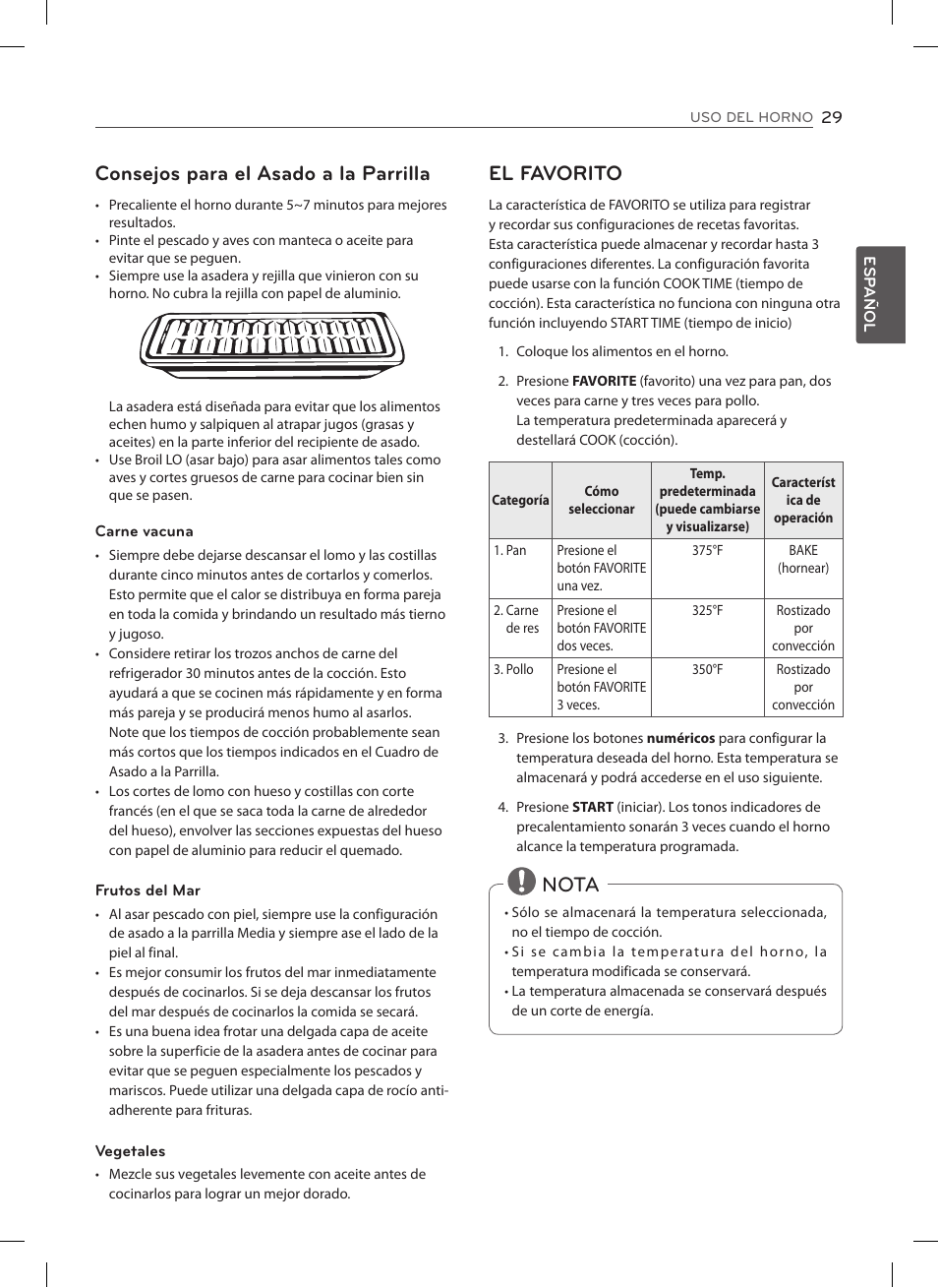Consejos para el asado a la parrilla, El favorito, Nota | LG LSE3092ST User Manual | Page 73 / 92