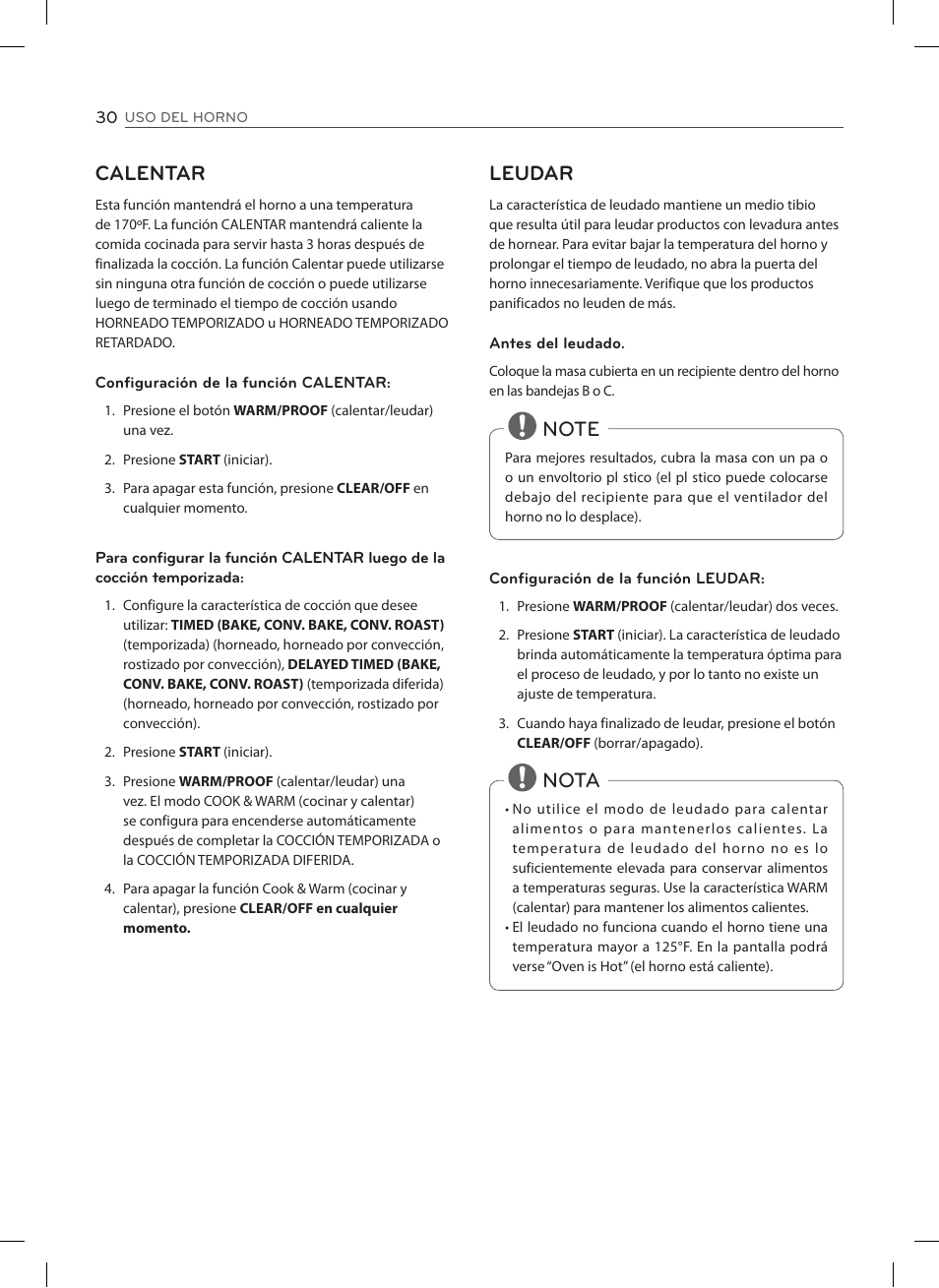 Calentar, Leudar, Nota | LG LSE3092ST User Manual | Page 74 / 92