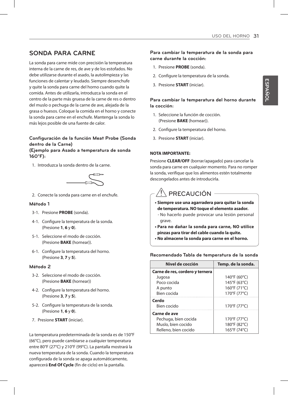 Sonda para carne, Precaución | LG LSE3092ST User Manual | Page 75 / 92