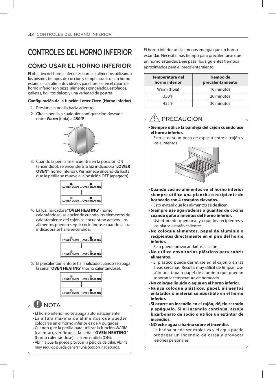 Controles del horno inferior, Cómo usar el horno inferior, Nota | Precaución | LG LSE3092ST User Manual | Page 76 / 92