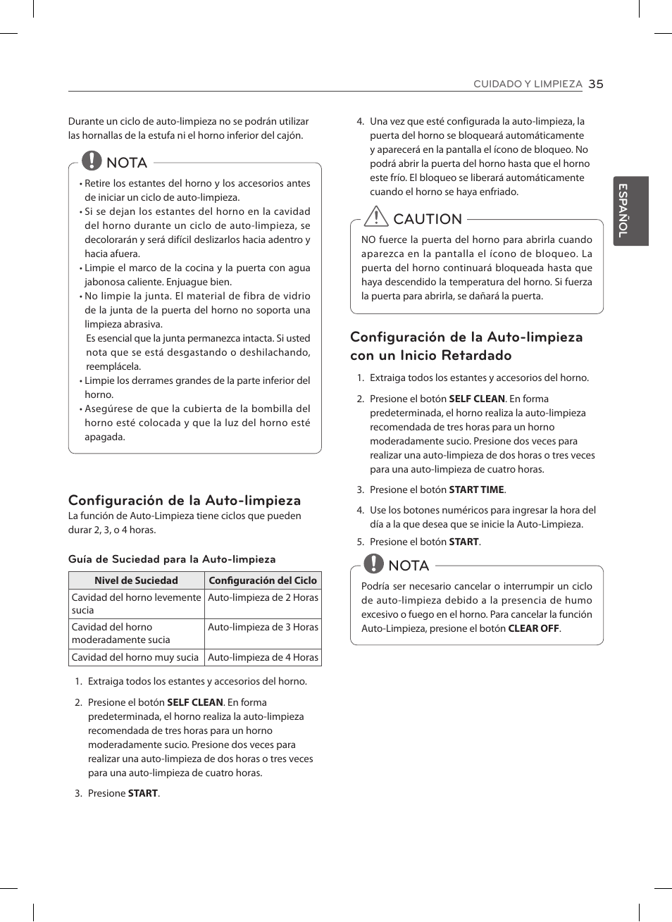 Nota configuración de la auto-limpieza, Nota | LG LSE3092ST User Manual | Page 79 / 92