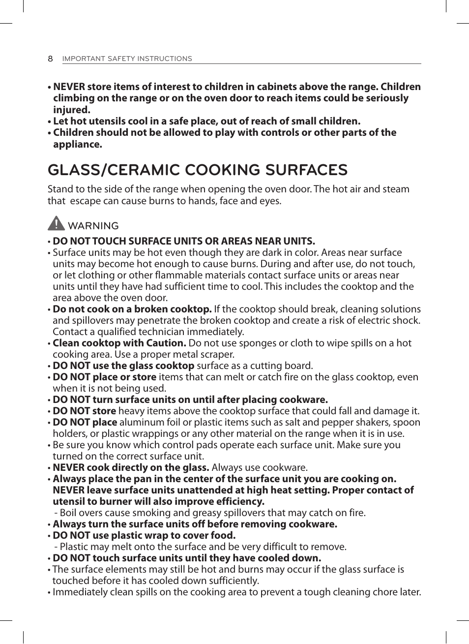 Glass/ceramic cooking surfaces | LG LSE3092ST User Manual | Page 8 / 92