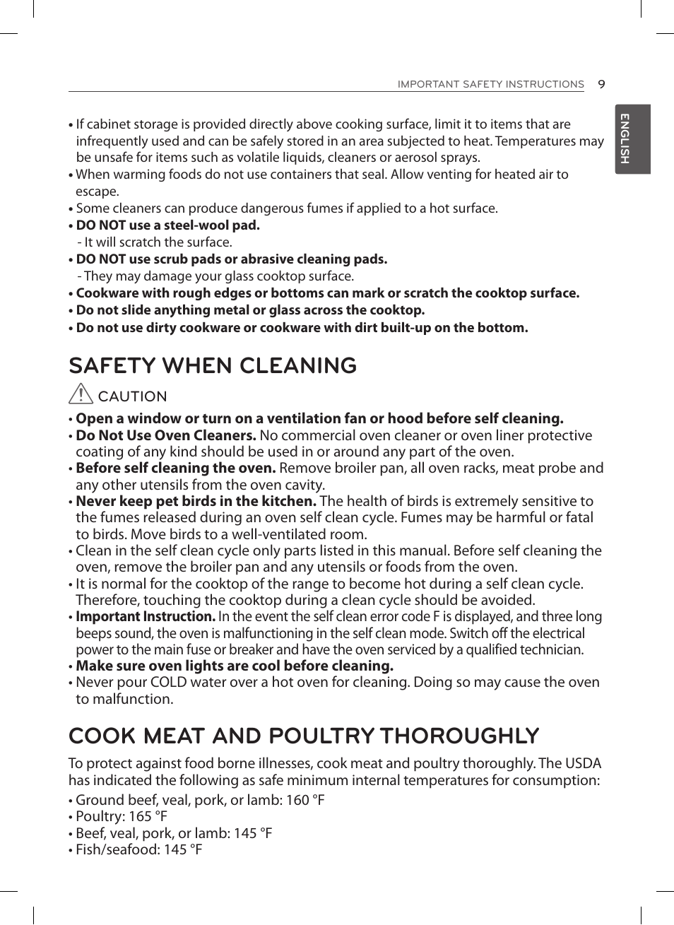 Safety when cleaning, Cook meat and poultry thoroughly | LG LSE3092ST User Manual | Page 9 / 92