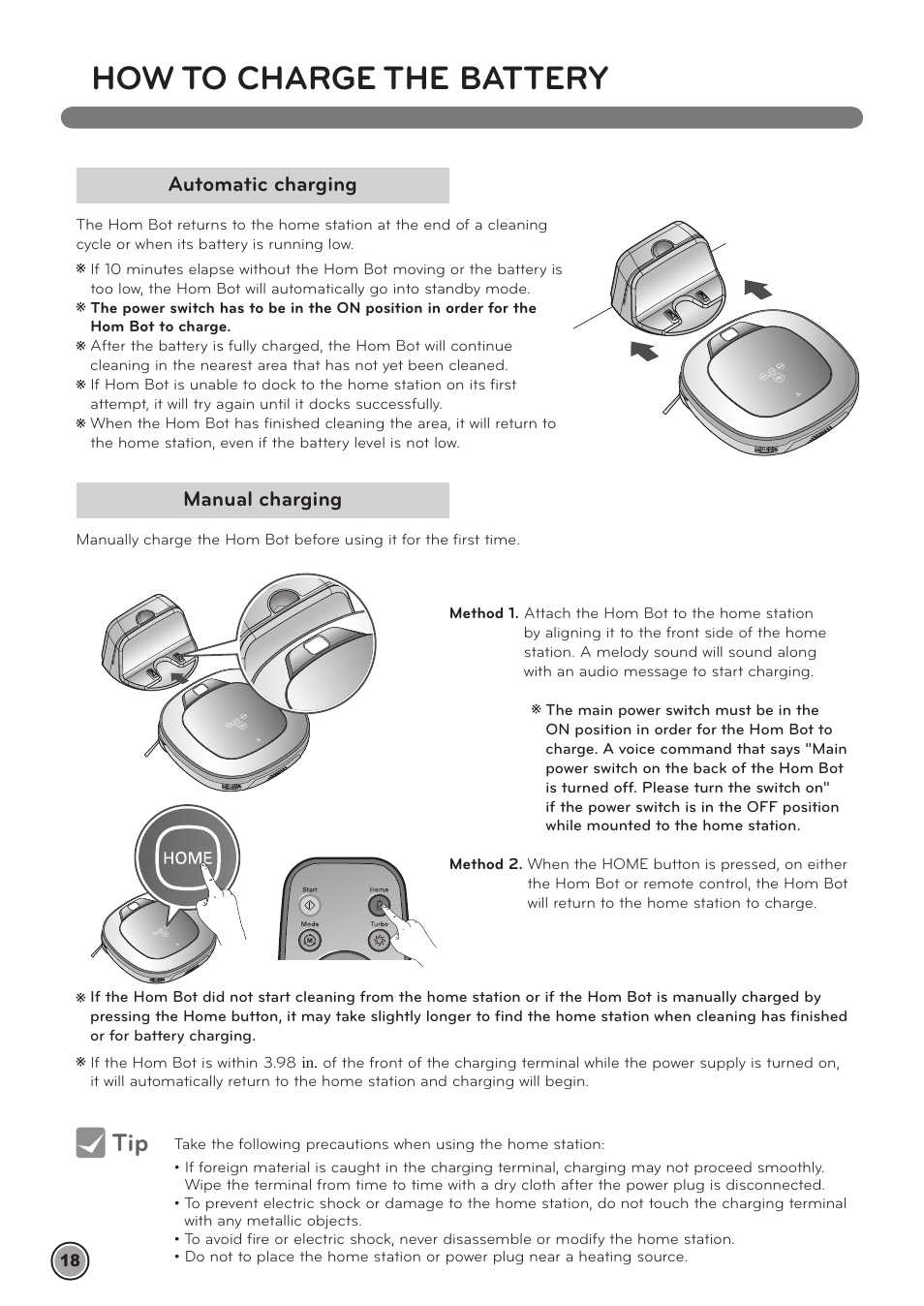 How to charge the battery, Automatic charging manual charging | LG LRV790R User Manual | Page 20 / 48