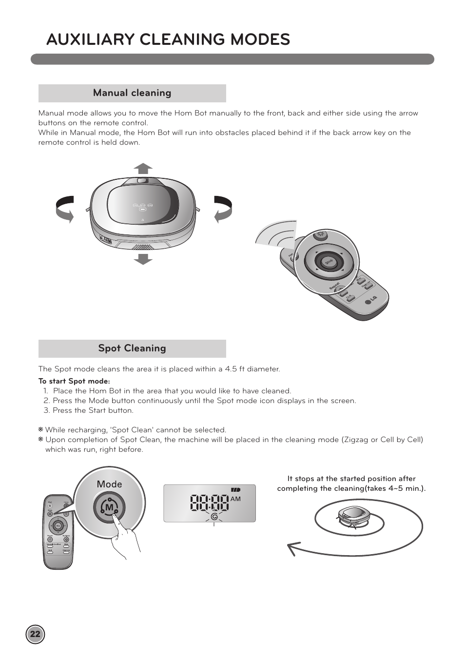 Auxiliary cleaning modes, Manual cleaning spot cleaning | LG LRV790R User Manual | Page 24 / 48
