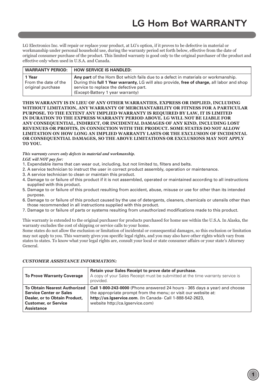 Lg hom bot warranty | LG LRV790R User Manual | Page 3 / 48