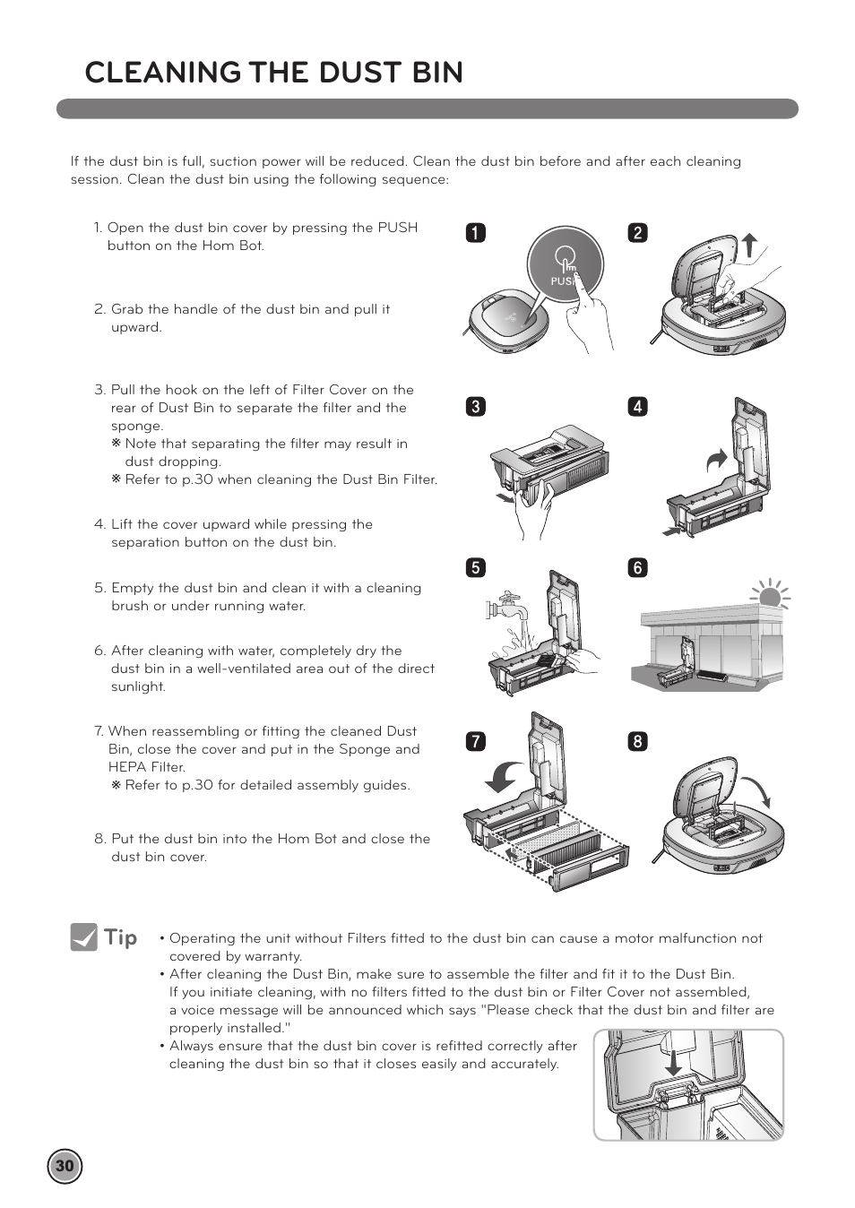 Cleaning the dust bin | LG LRV790R User Manual | Page 32 / 48