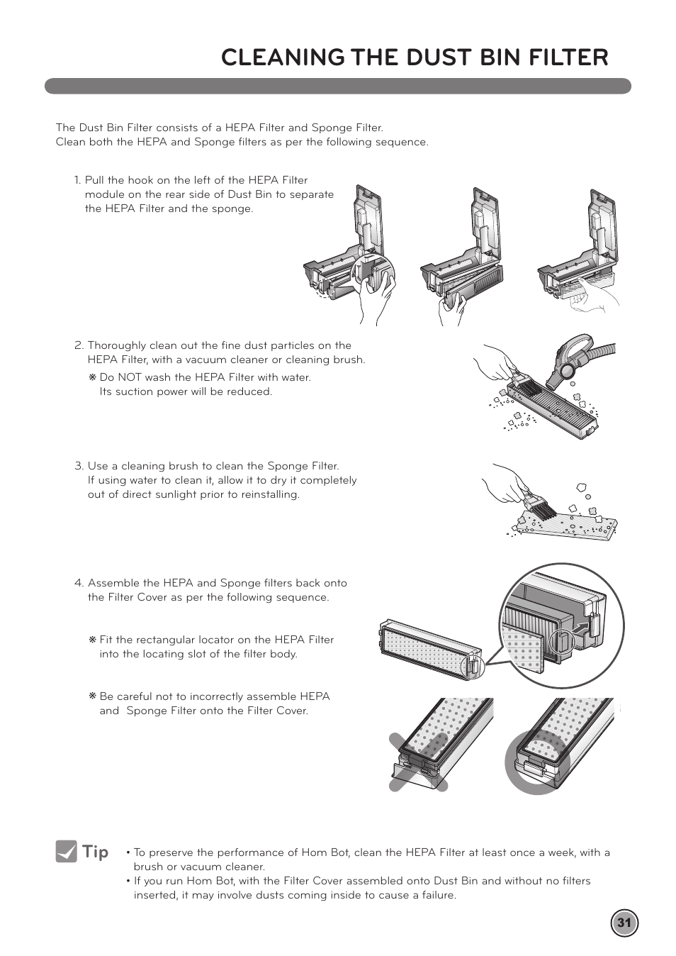 Cleaning the dust bin filter | LG LRV790R User Manual | Page 33 / 48