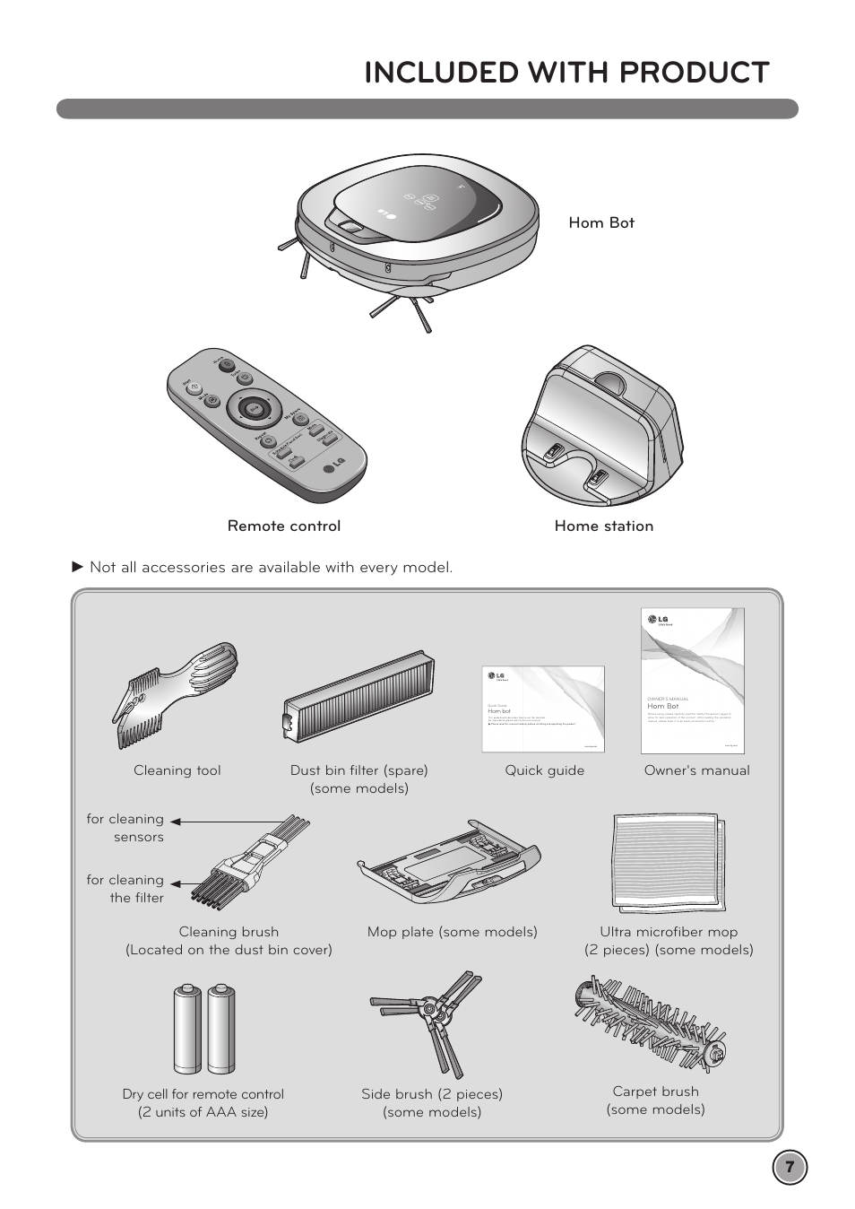 Included with product, Home station hom bot, Remote control | LG LRV790R User Manual | Page 9 / 48