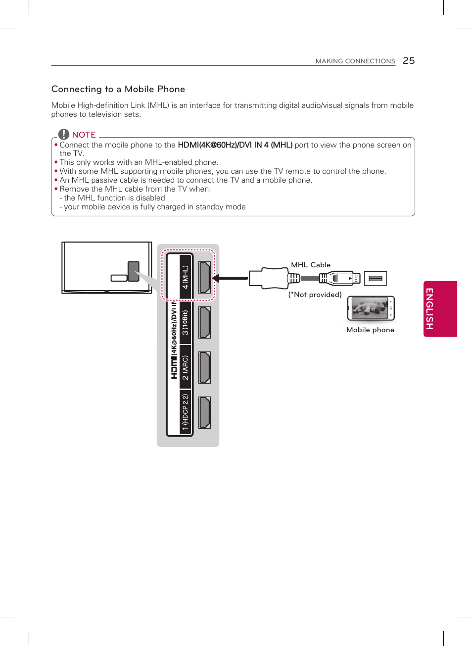 25 english, Connecting to a mobile phone | LG 55UB8500 User Manual | Page 25 / 40