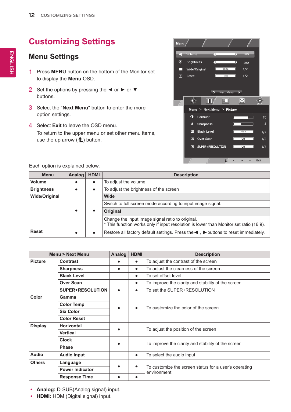 Customizing settings, Menu settings, 12 customizing settings 12 | Accesses the main menus.(see p.12) | LG 27EA73LM-P User Manual | Page 12 / 28