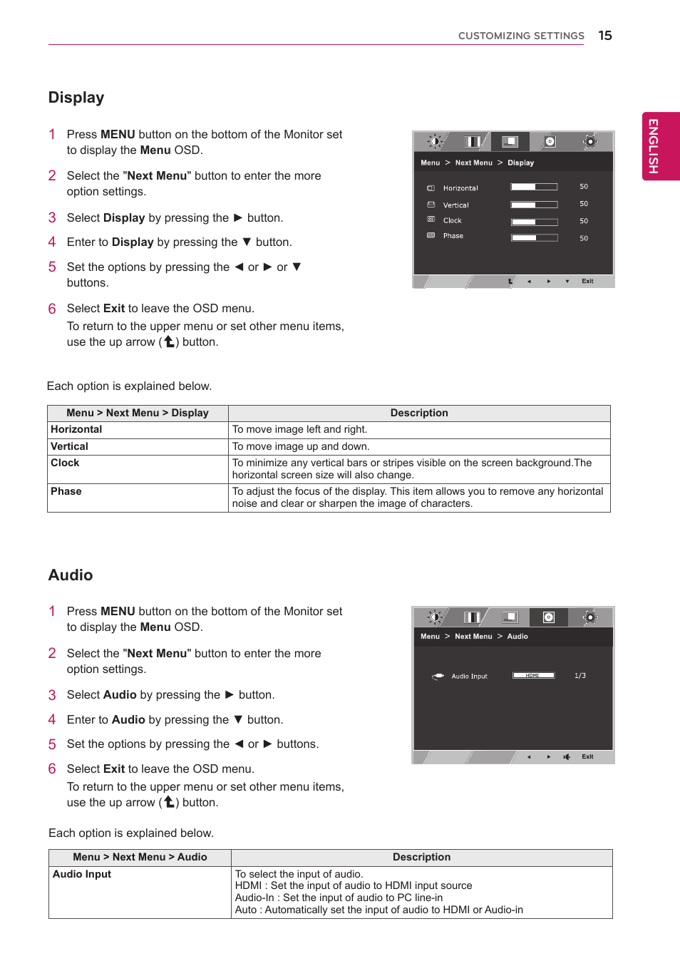 Display, Audio | LG 27EA73LM-P User Manual | Page 15 / 28