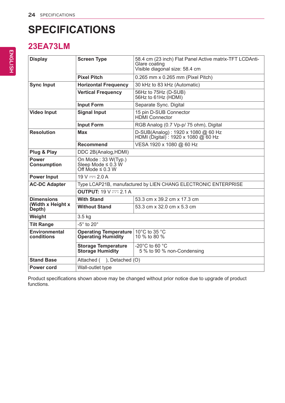 Specifications, 23ea73lm, 24 23ea73lm | LG 27EA73LM-P User Manual | Page 24 / 28