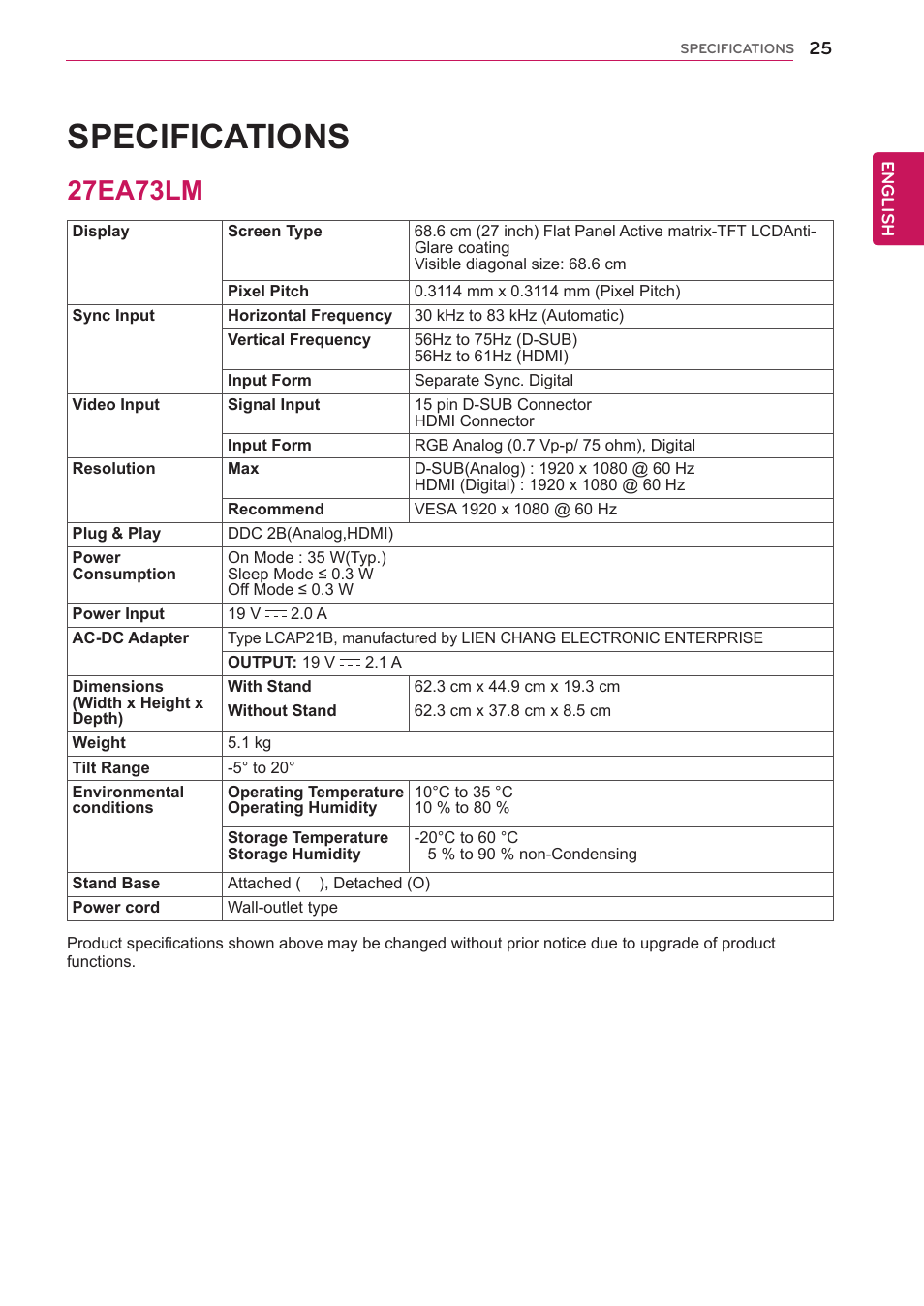 27ea73lm, 25 27ea73lm, Specifications | LG 27EA73LM-P User Manual | Page 25 / 28