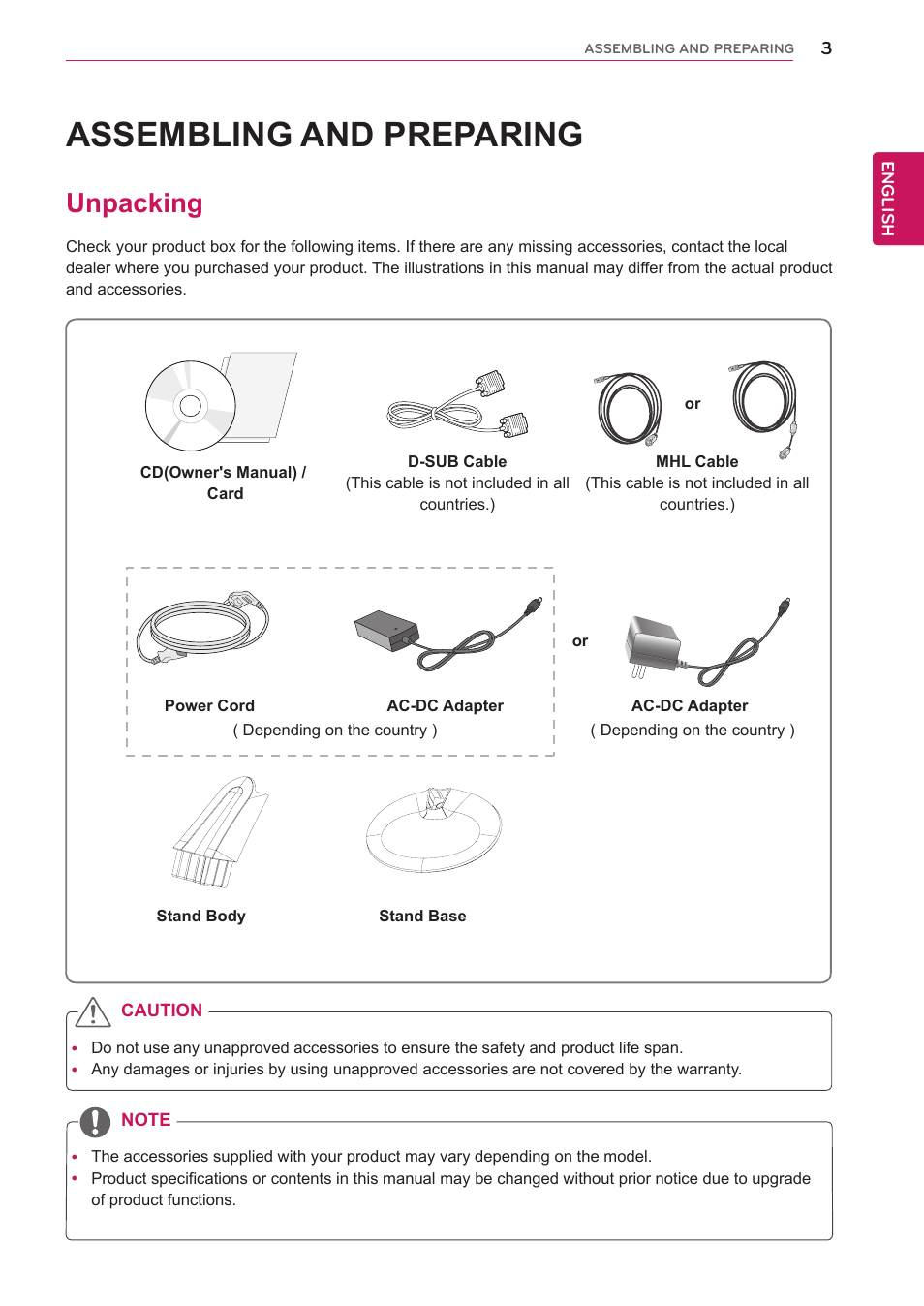 Assembling and preparing, Unpacking, Assembling and prepar | LG 27EA73LM-P User Manual | Page 3 / 28