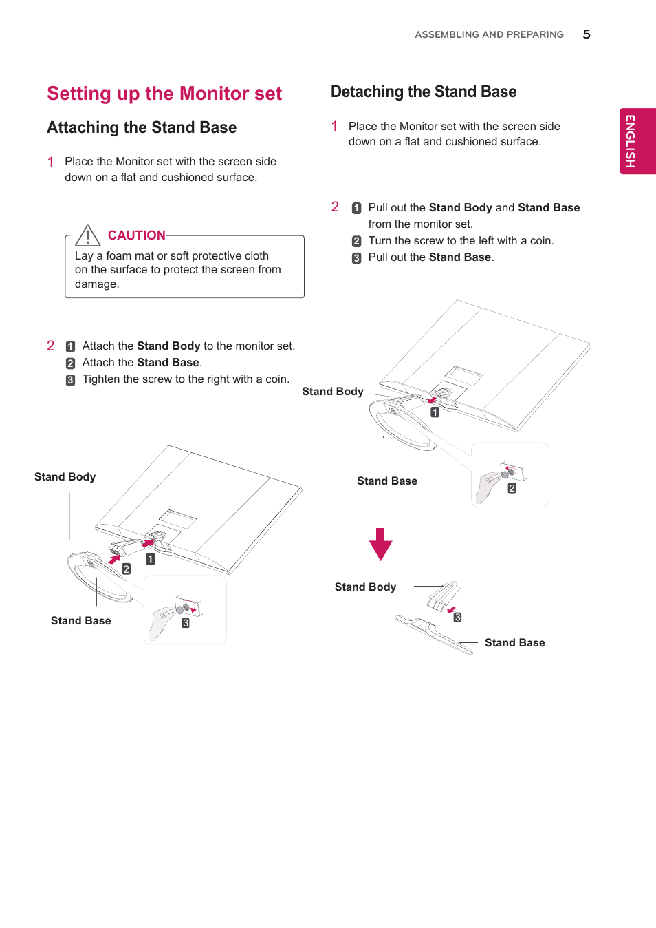 Setting up the monitor set, Attaching the stand base, Detaching the stand base | LG 27EA73LM-P User Manual | Page 5 / 28